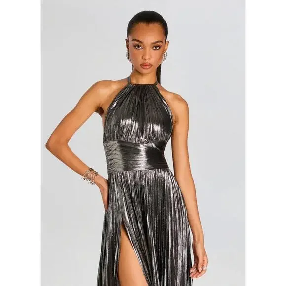 $798 Retrofete Reiss Dress Silver Lame Pleated Halter Cape Designer Dress XL